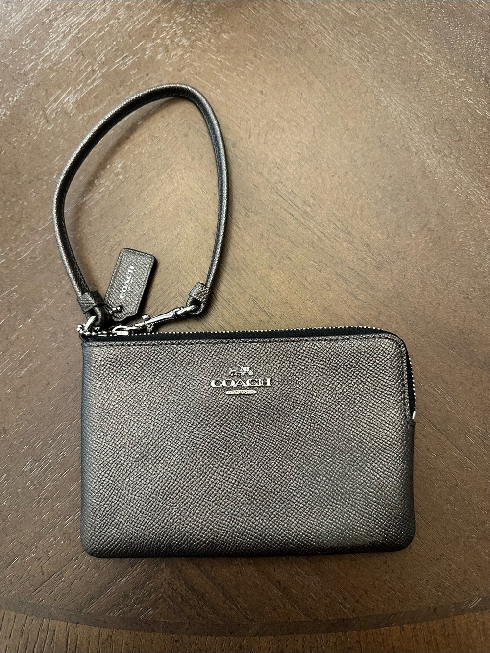Coach Metallic Gunmetal Leather Wristlet Wallet